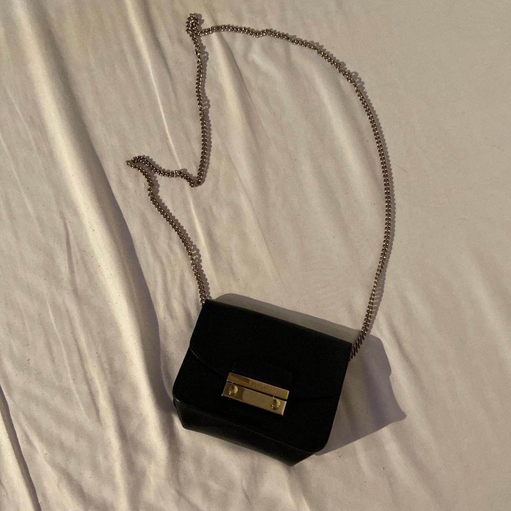 FURLA crossbody bag small mini leather black with chains